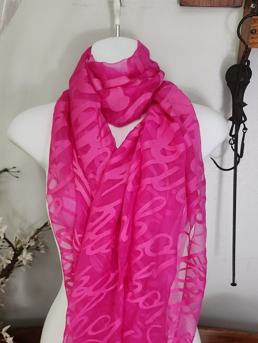 Chopard Hot Pink Sheer Silk Blend Script-Print Wrap Scarf
